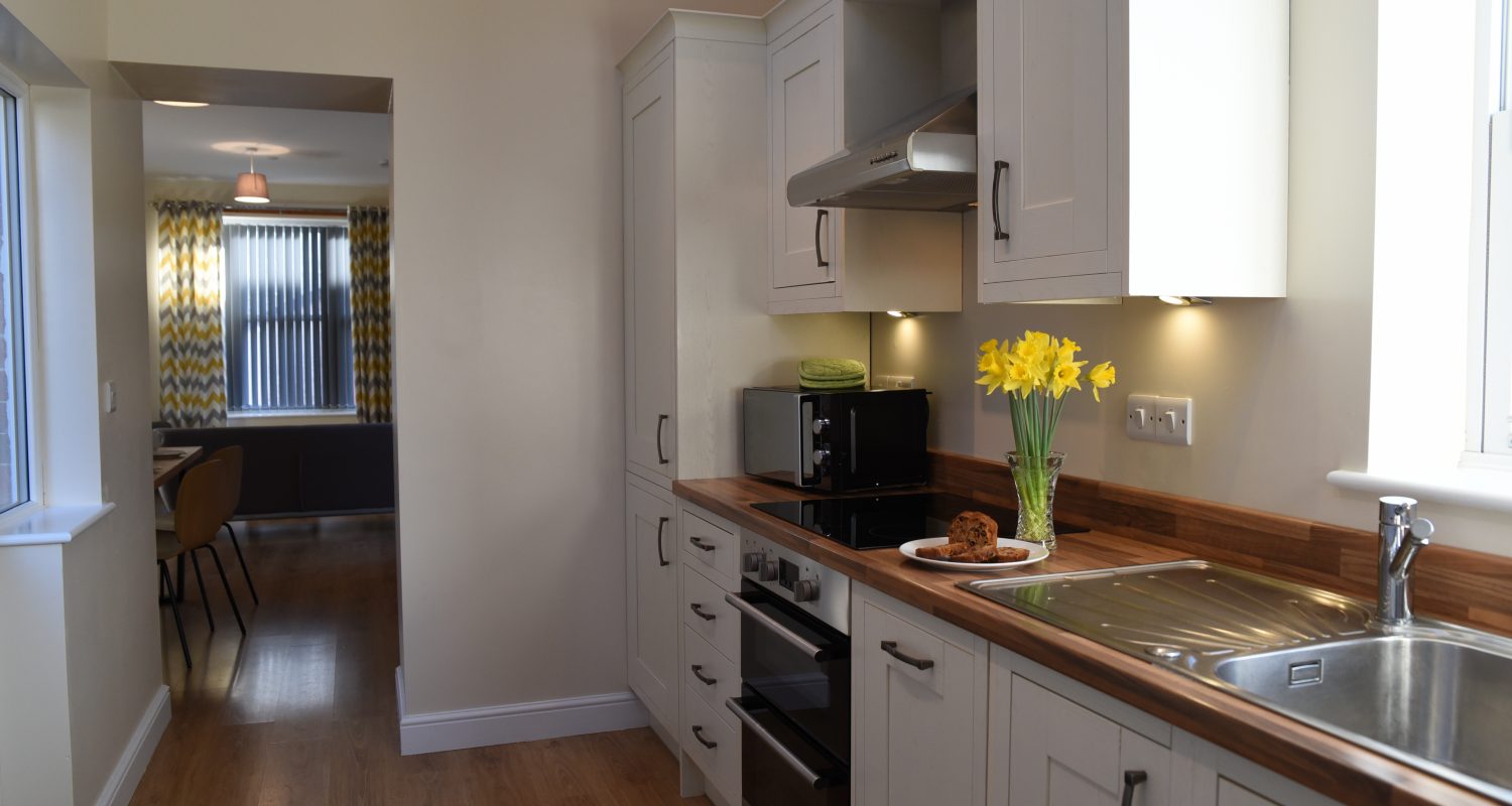 Kitchen looking into dining room at Afonwy House Mid Wales Holiday Lets apartments in Rhayader near the Elan Valley