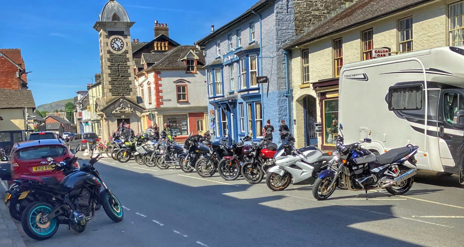 Rhayader high street - biker friendly and welcoming.